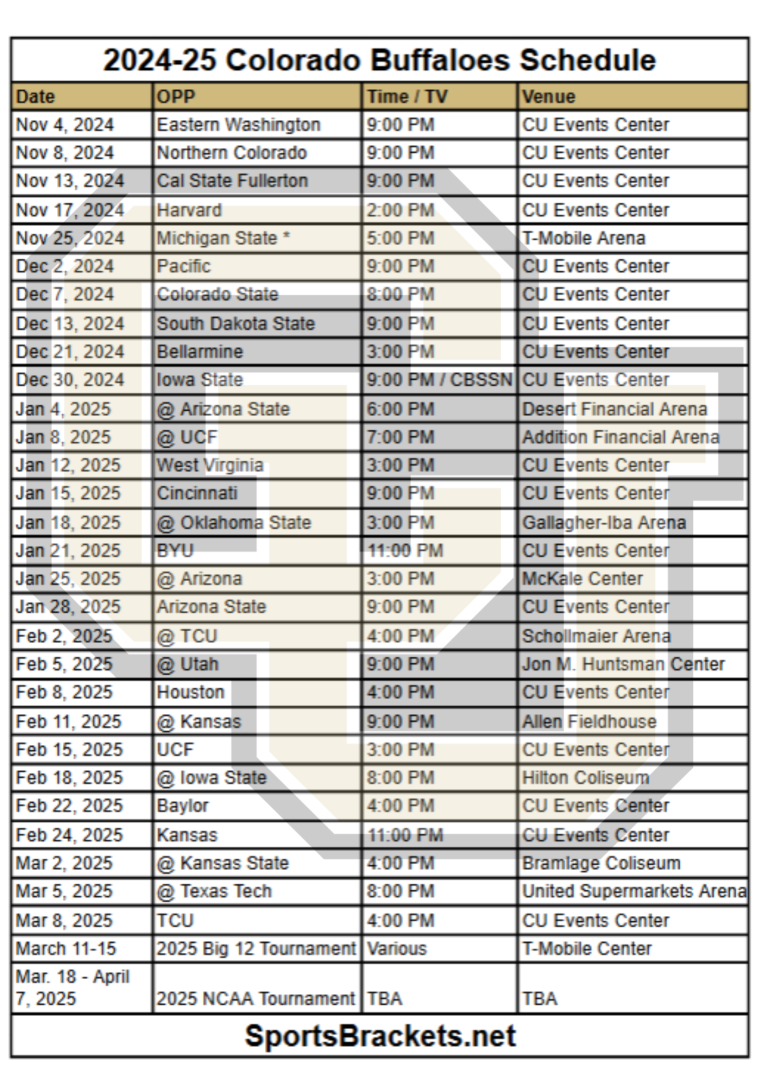 Printable 2024-25 Colorado Buffaloes Basketball Schedule; TV Broadcasts, Matchups